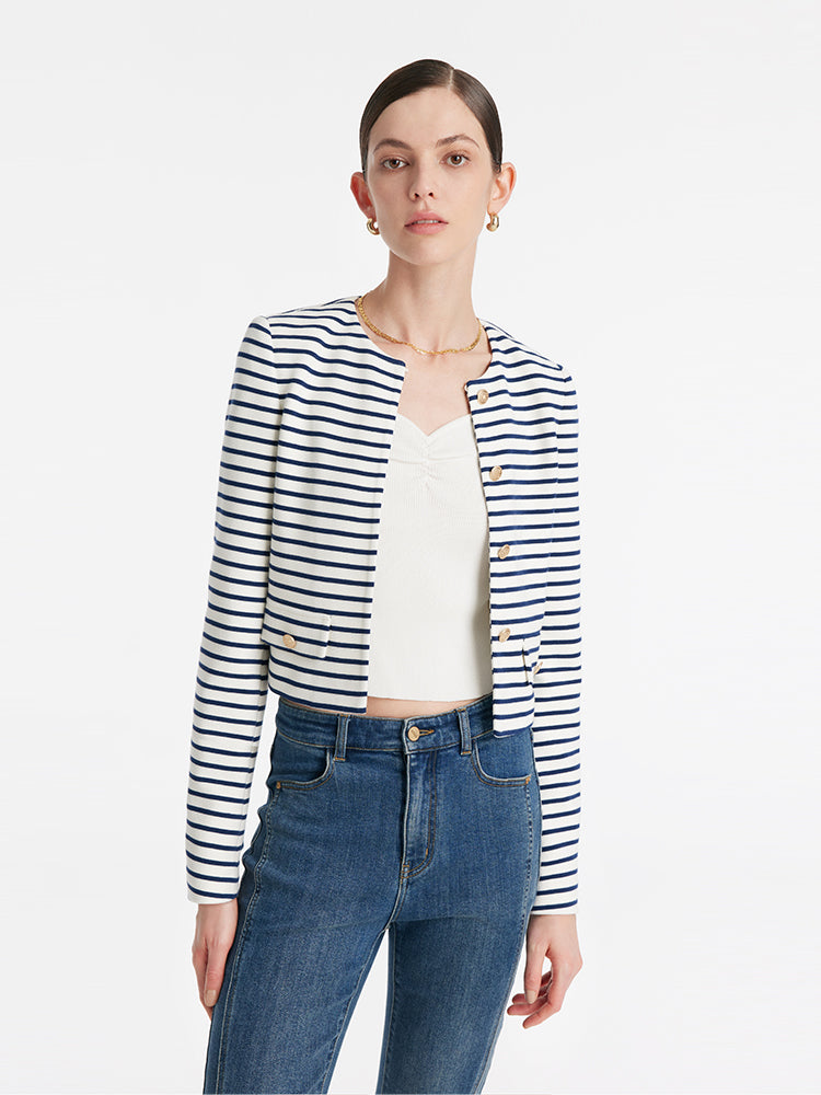 Cotton Striped Single-Breasted Women Crop Jacket GOELIA