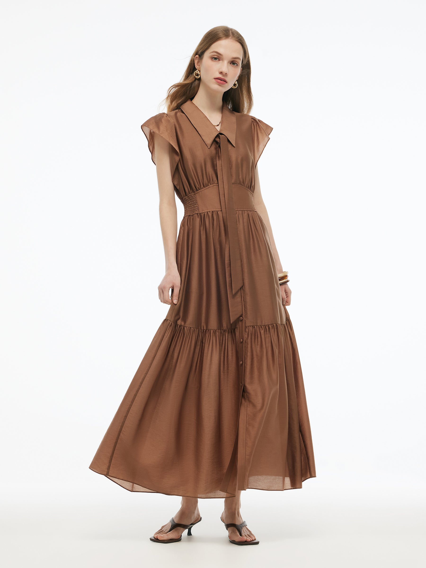 Tencel Blend Women Ruffle Cap Sleeve Maxi Dress With Sash GOELIA