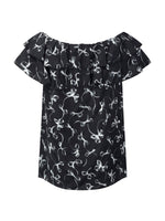 [Preview] Ribbon Print Tie Front Women Ruffle Blouse GOELIA