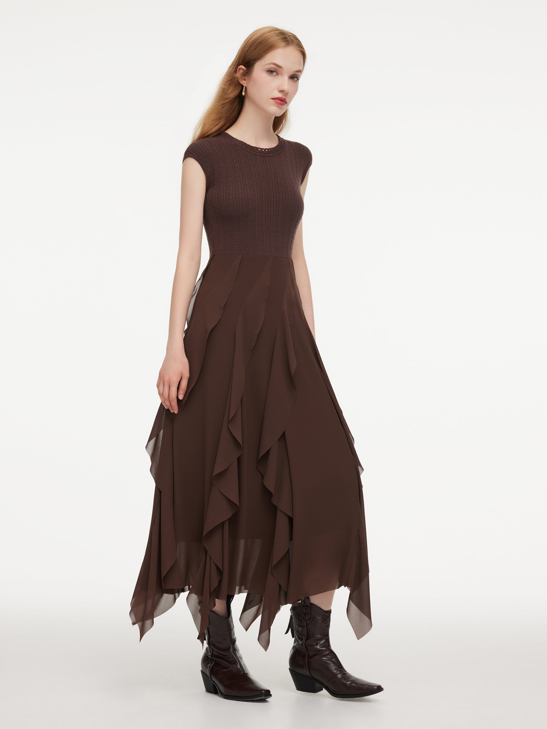 Jacquard Patchwork Cascading Ruffle Asymmetrical Women Maxi Dress GOELIA