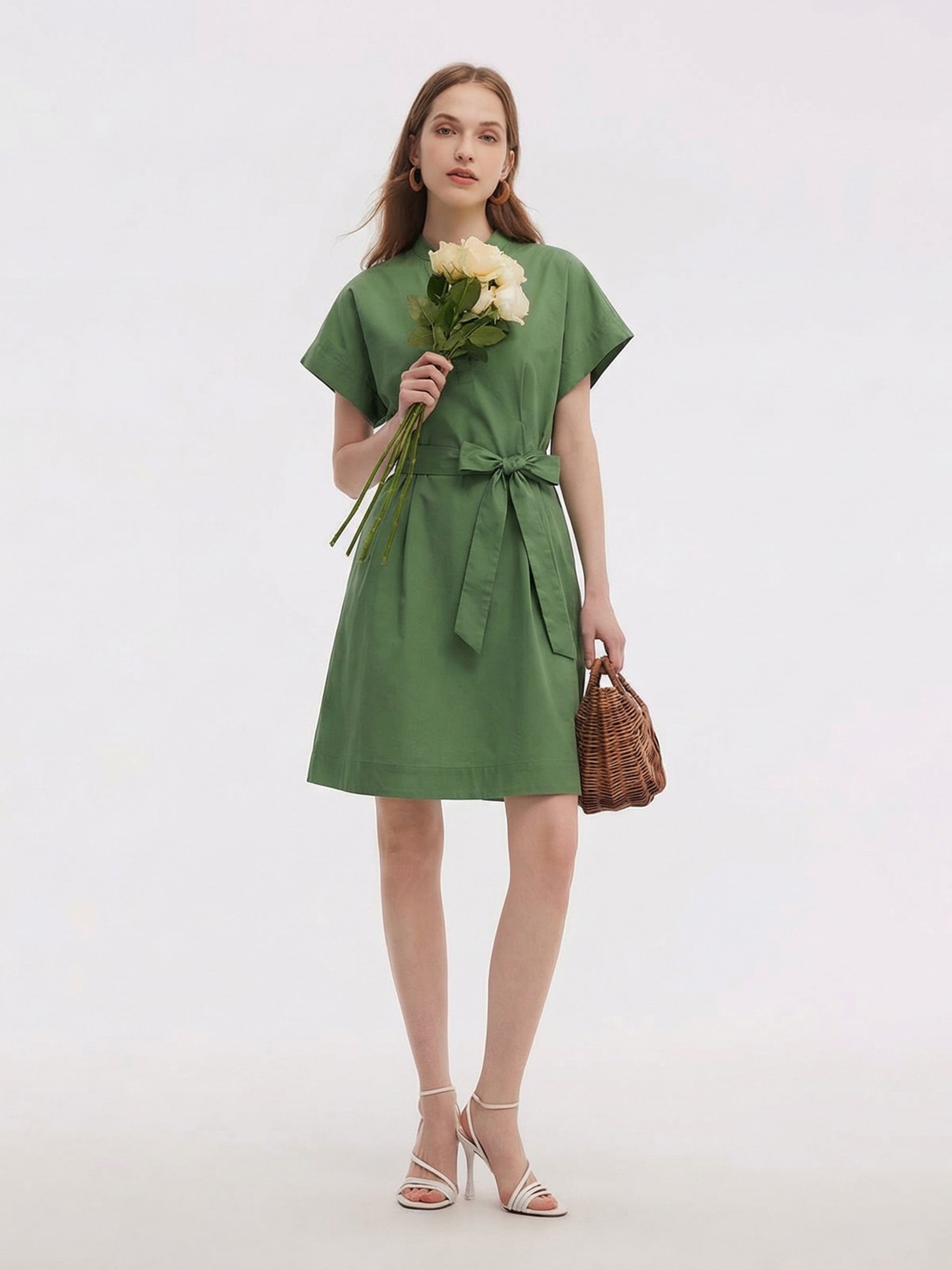 Cotton Gathered Waist Women Belted Mini Dress GOELIA