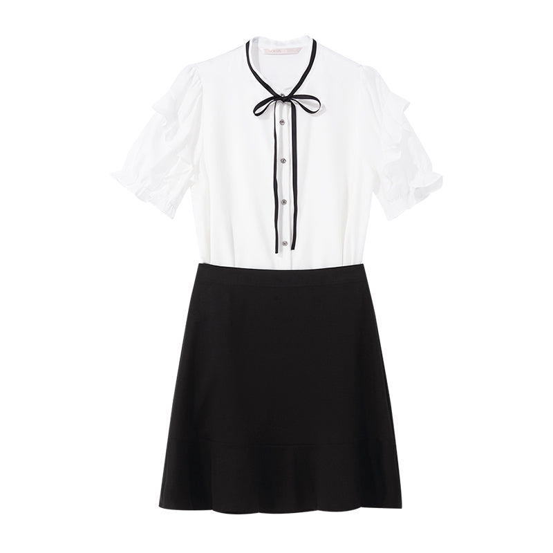 White Acetate Lace Sleeve Top And Half Skirt Two-piece Set GOELIA