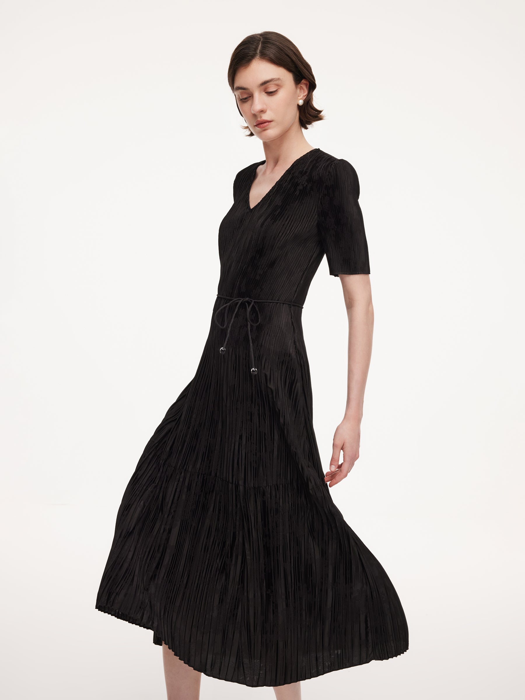 Satin Jacquard Women Pleated Maxi Dress With Self-Tie Belt GOELIA