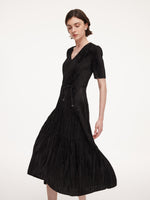Satin Jacquard Women Pleated Maxi Dress With Self-Tie Belt GOELIA