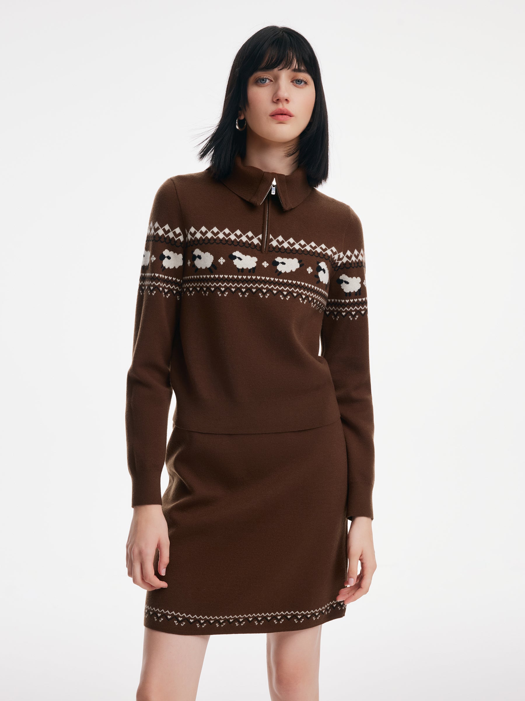 Fair Isle Half-Zip Knit Top And Skirt Two-Piece Set GOELIA