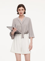 22MM Mulberry Silk Tie Neck Women 3/4 Sleeve Blouse GOELIA