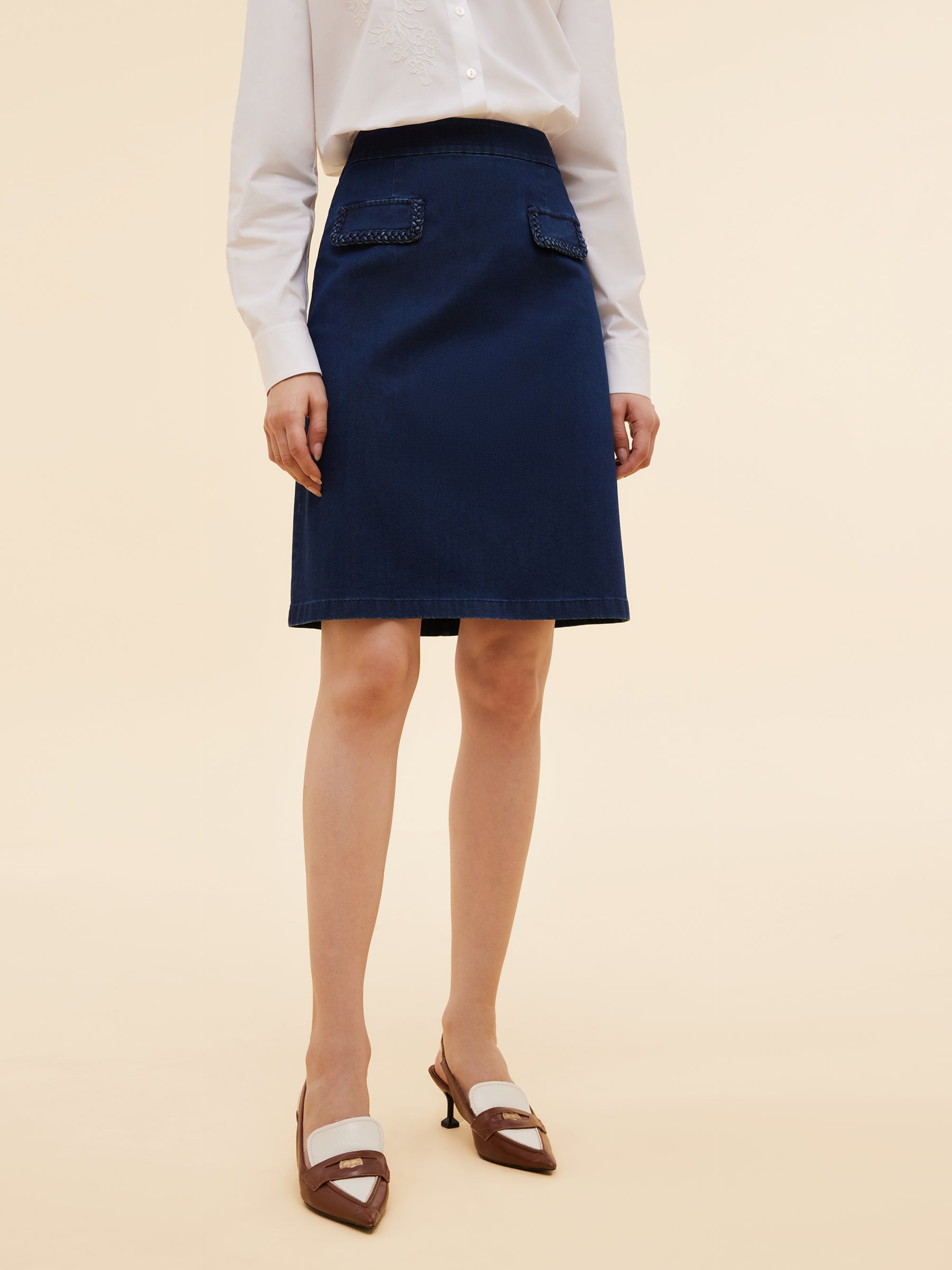 Denim Handwoven Trim Women A-Line Skirt GOELIA