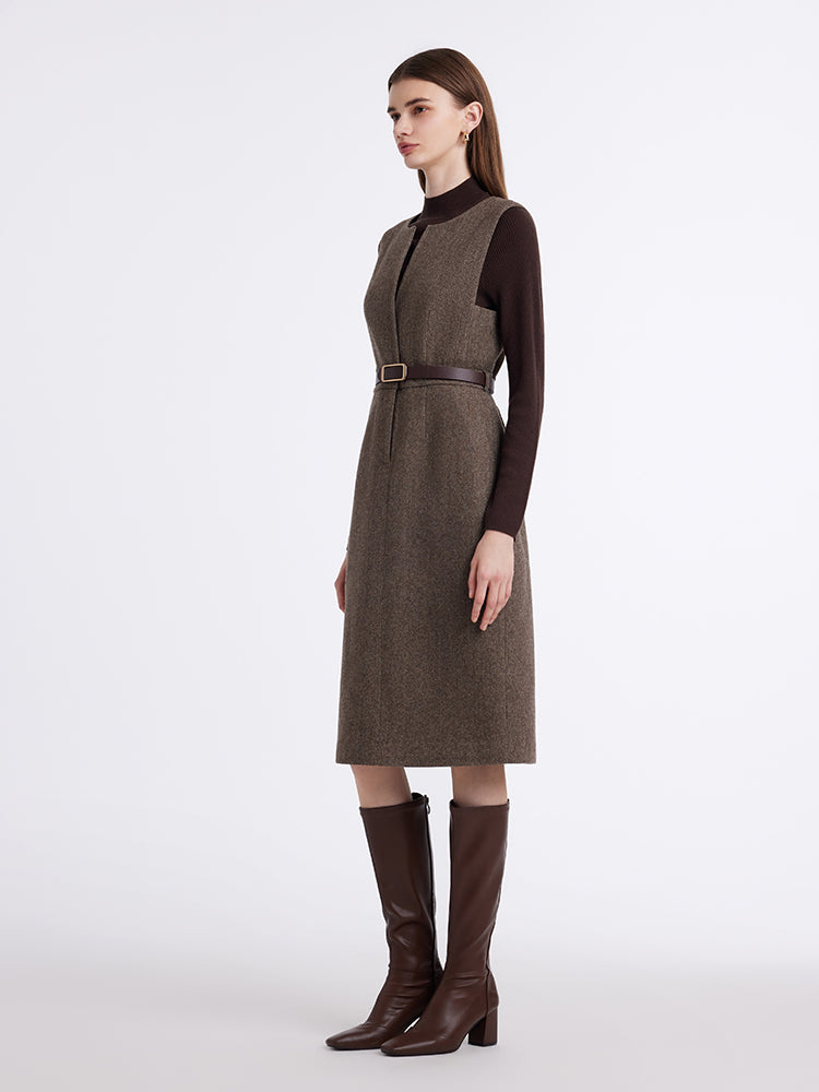 Washable Wool Vest Dress And Knitted Sweater Two-Piece Set With Belt GOELIA