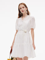 Tencel Blend Ruffle V-Neck Women Mini Dress With Slip Dress GOELIA