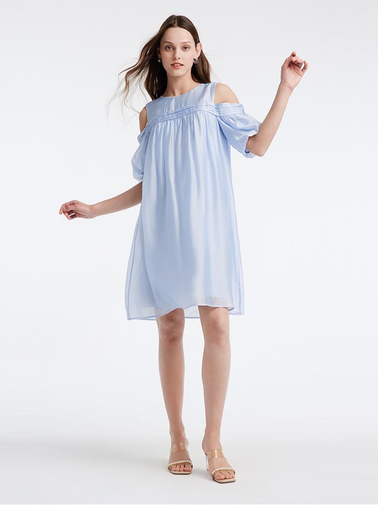 Blue Tencel Cold Shoulder Mini Dress GOELIA