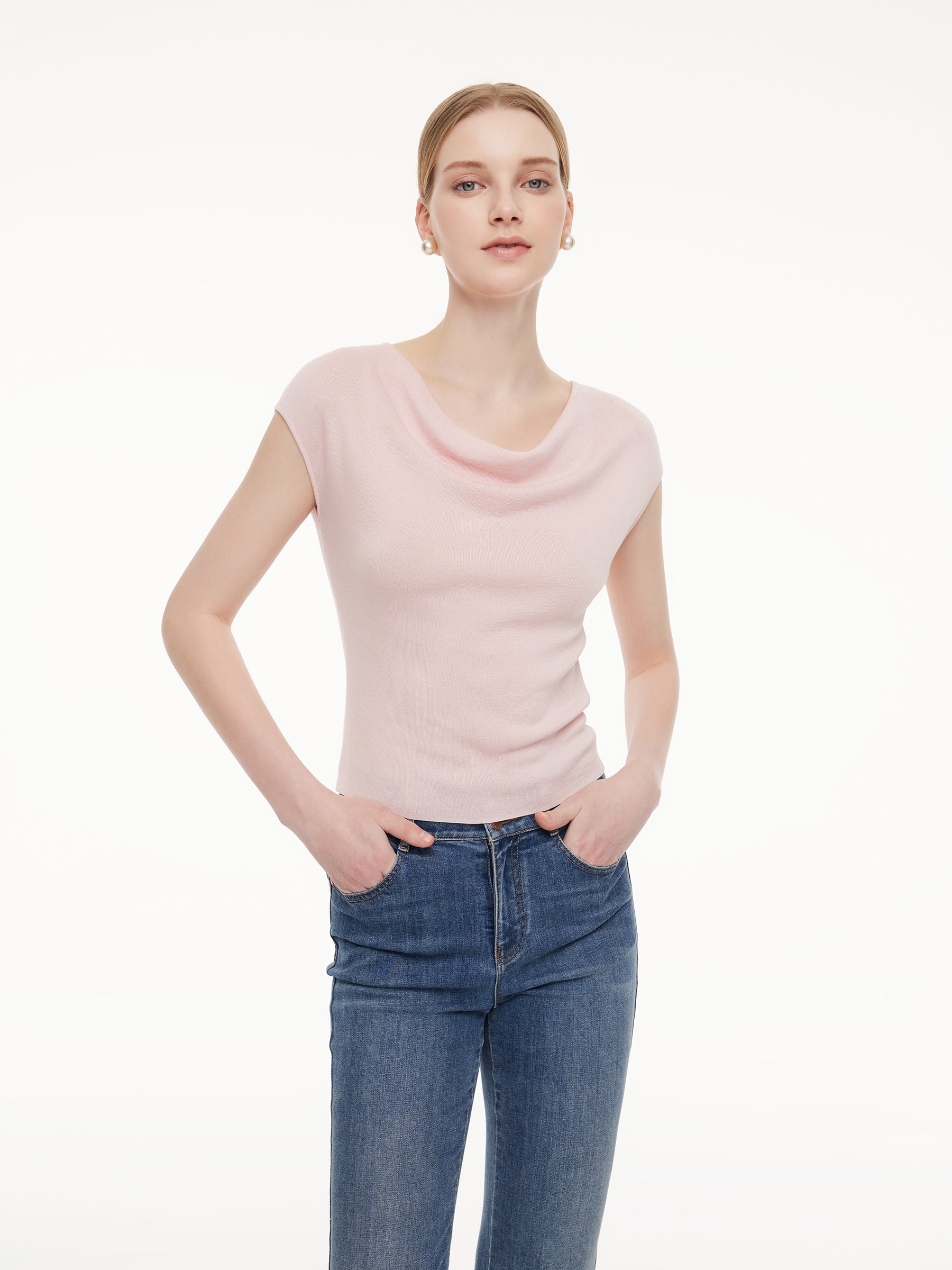 Tencel Mulberry Silk Cowl Neck Women Cap Sleeve Knit Top GOELIA