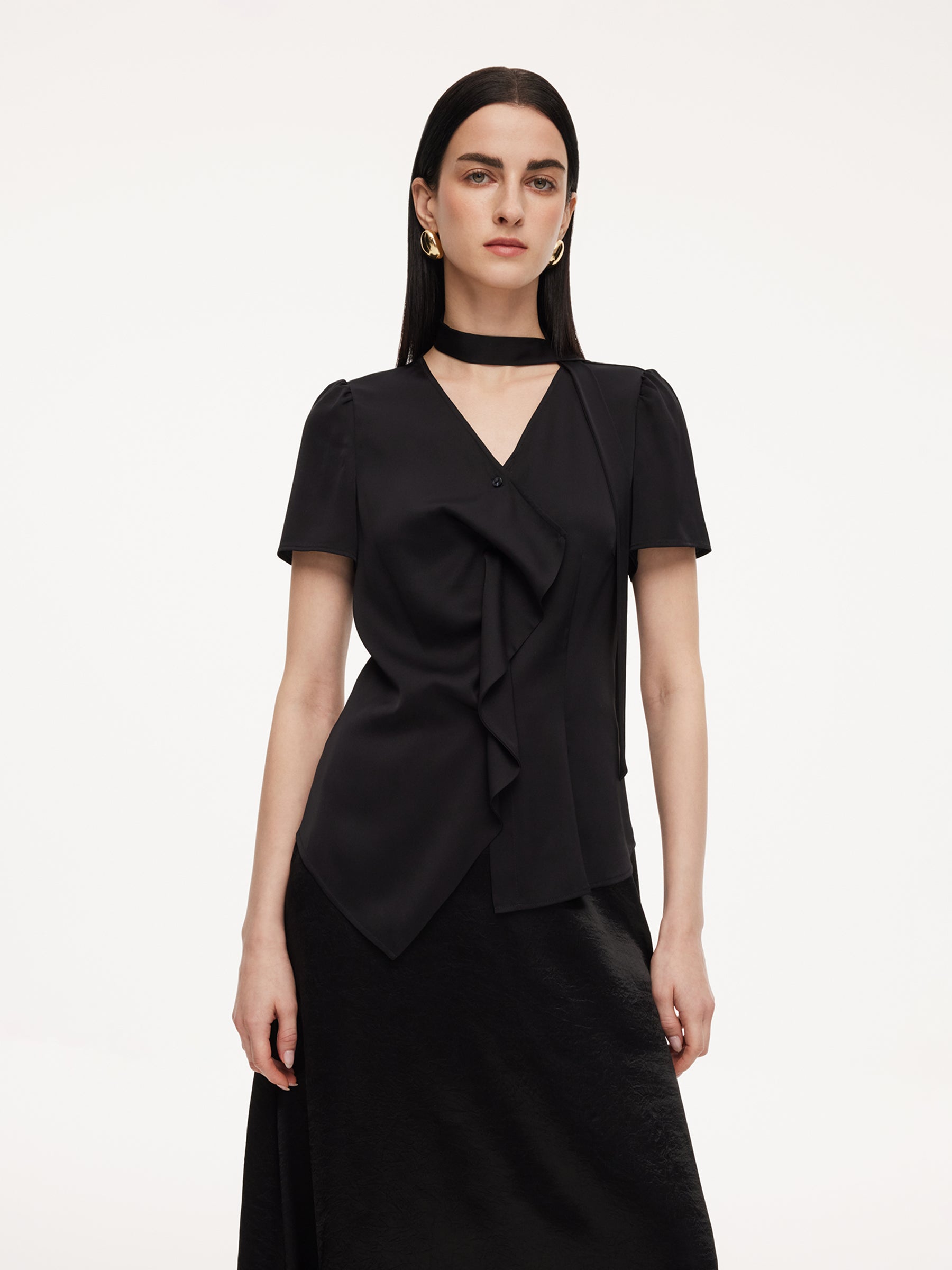 [Preview] 22MM Mulberry Silk Asymmetrical Hem Women Blouse With Ribbon GOELIA