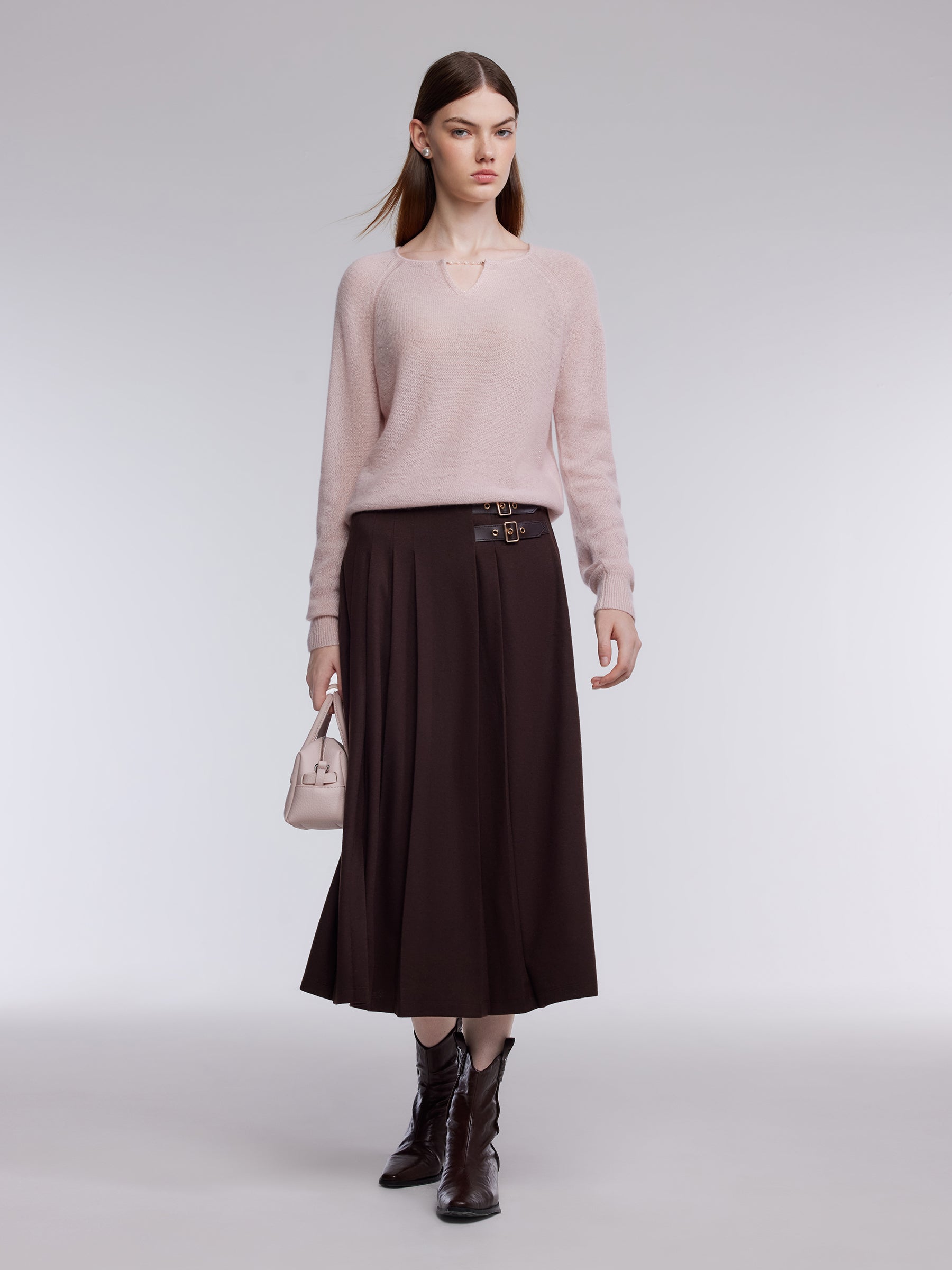 Dual-Buckle A-Line Women Pleated Skirt GOELIA