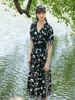 14 Momme Mulberry Silk Iris Printed Women Maxi Dress With Belt GOELIA
