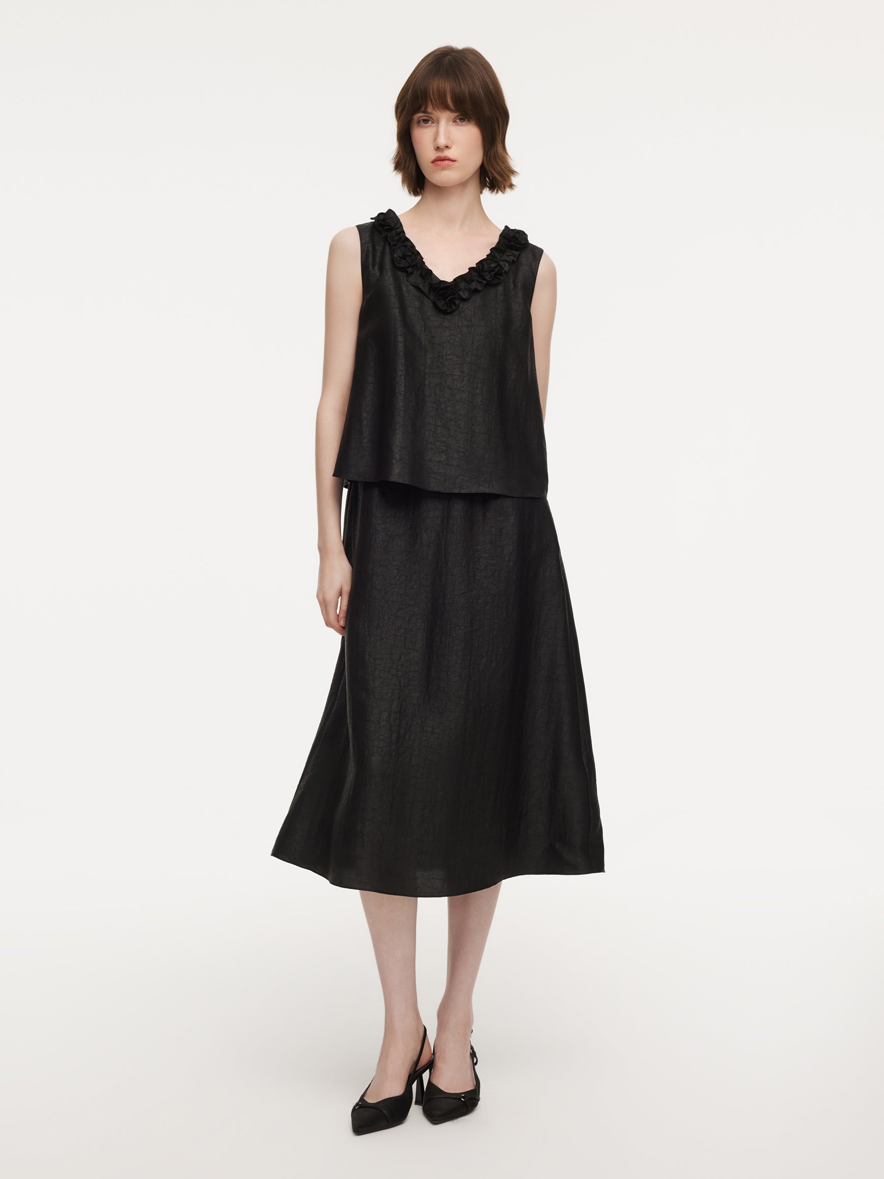 [Preview] 18MM Gambiered Canton Gauze Floral V-Neck Women Sleeveless Maxi Dress With Scrunchie GOELIA