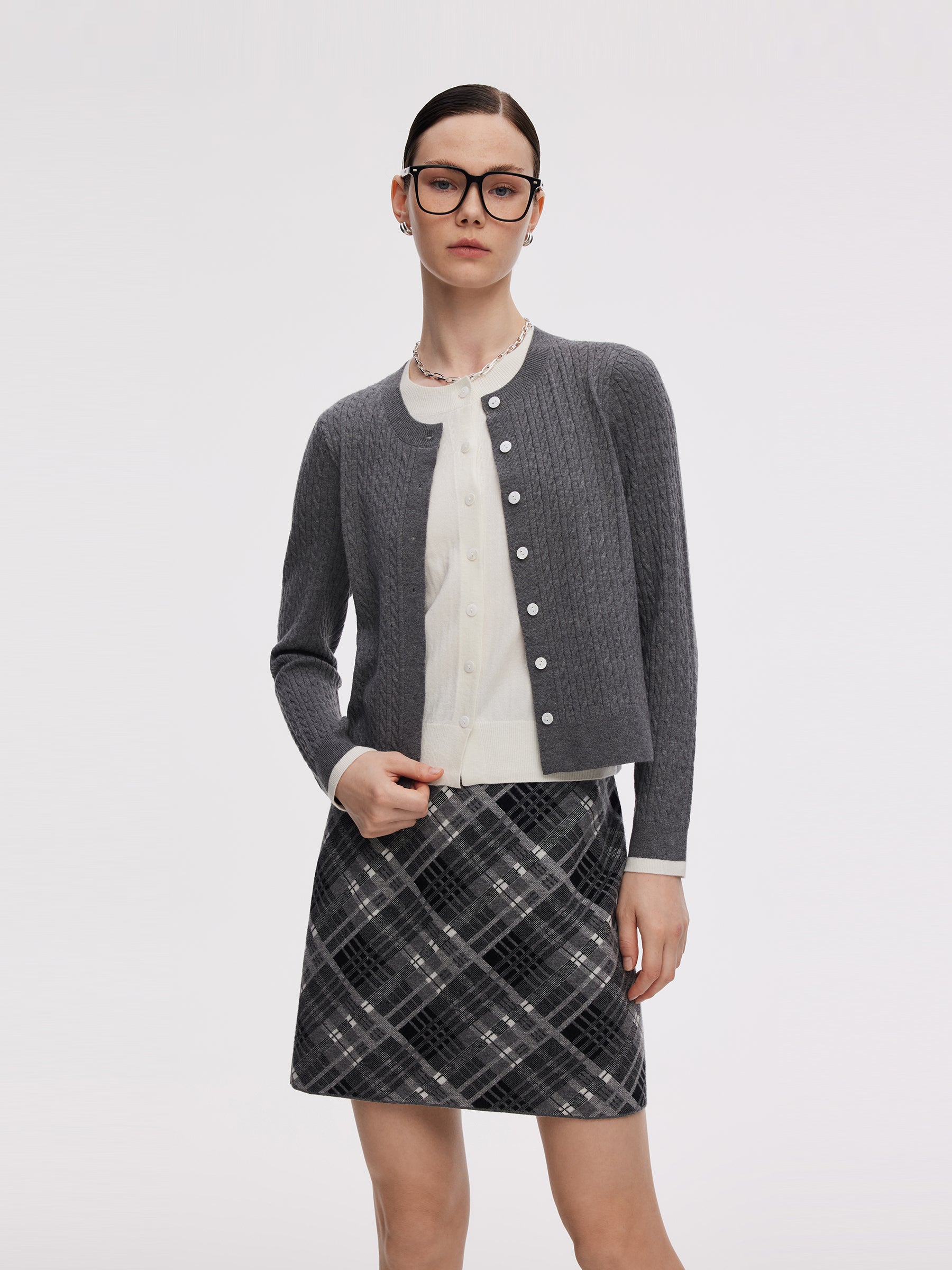 Faux Two-Piece Cardigan And Plaid Skirt Two-Piece Set GOELIA