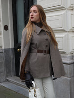100% Washable Wool Beige Check Cape And Vest Two-Piece With Belt GOELIA