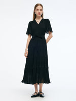 Pleated V-Neck Women A-Line Tie Belt Maxi Dress GOELIA