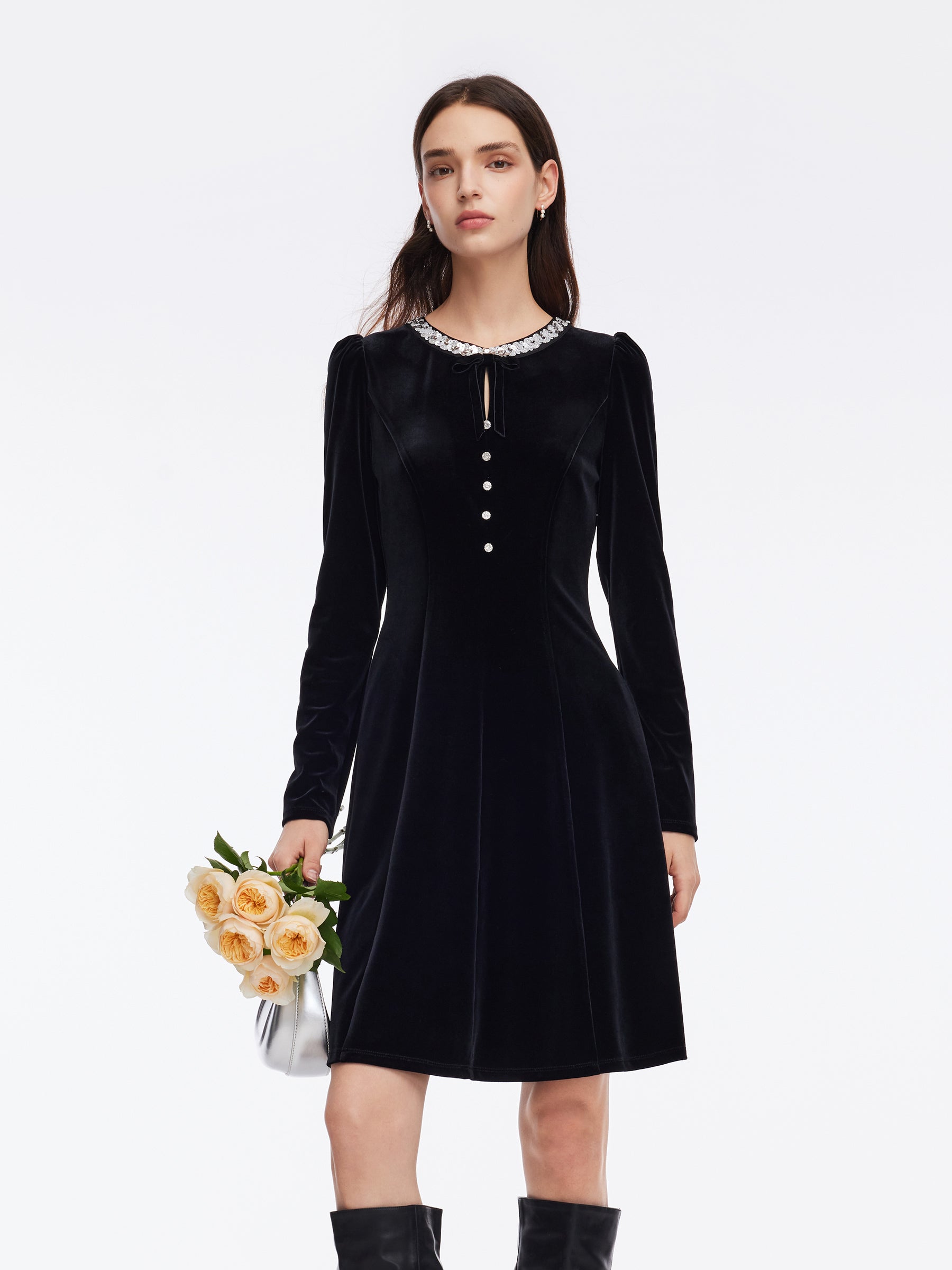 Velvet Sequined Round Neck Women Mini Dress GOELIA