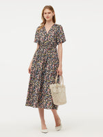 Cotton Puff Sleeve Drawstring Waist Floral Print Women Midi Dress GOELIA