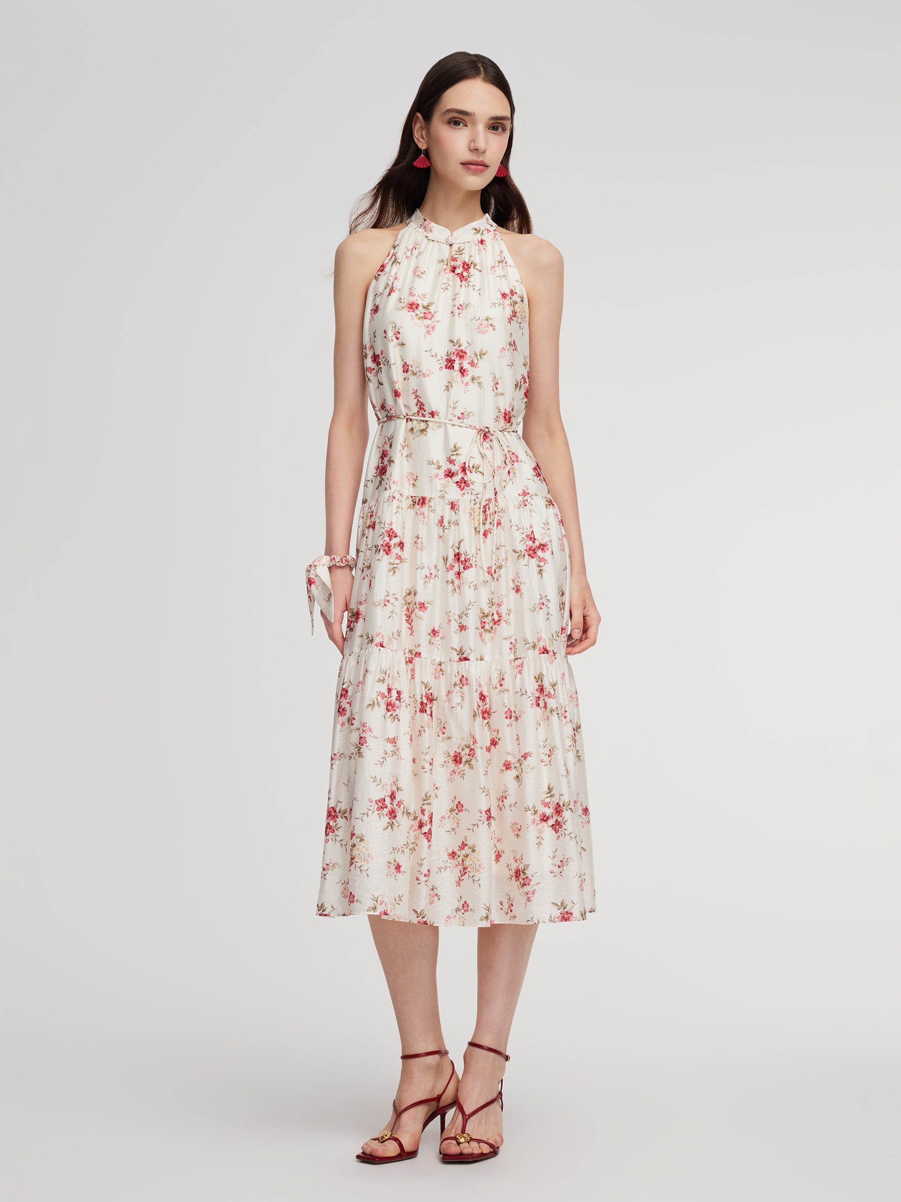 Tencel Blend Floral Print Women Halter Maxi Dress GOELIA