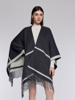 Cashmere Wool Contrast Border Fringed Poncho GOELIA