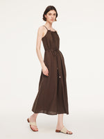 100% Linen Beaded Neck Women Strap Maxi Dress With Tie String Belt GOELIA
