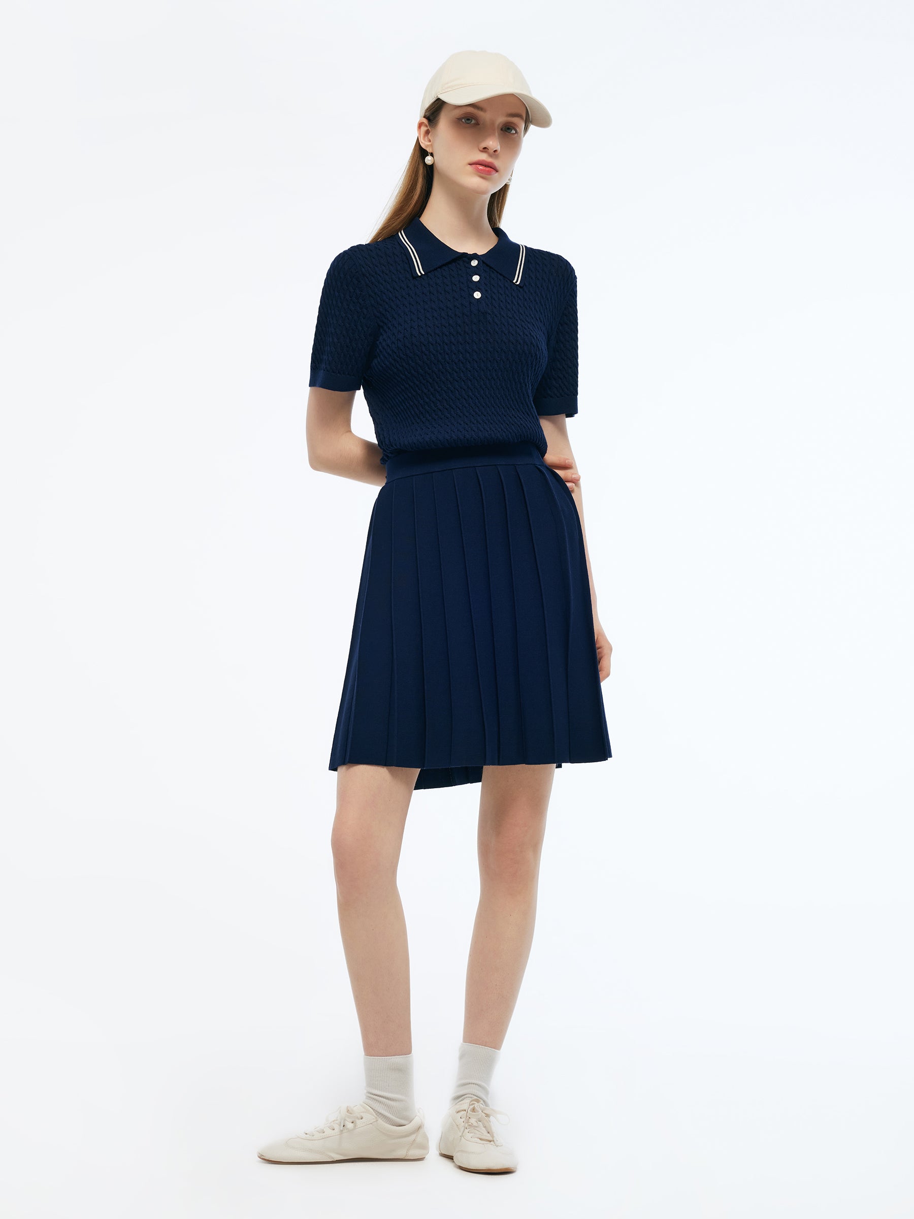 Lyocell Blend Polo Knit Top And Pleated Skirt Two-Piece Set GOELIA