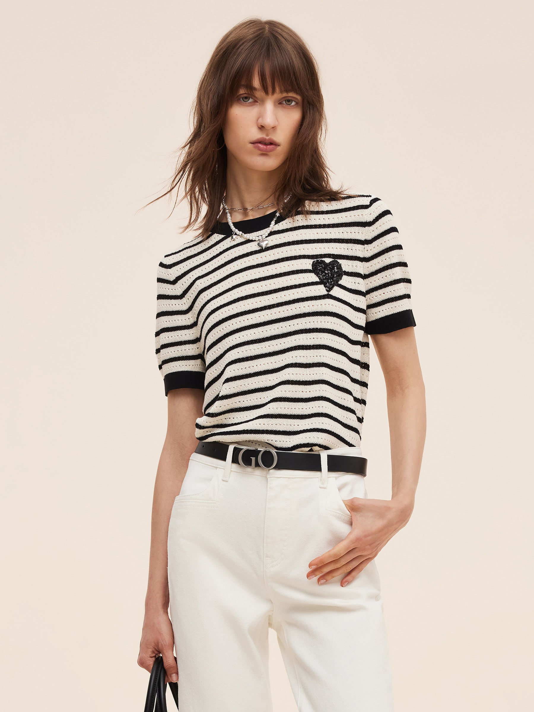 100% Cotton Stripe Women Openwork Knit T-Shirt GOELIA