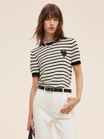 100% Cotton Stripe Women Openwork Knit T-Shirt GOELIA