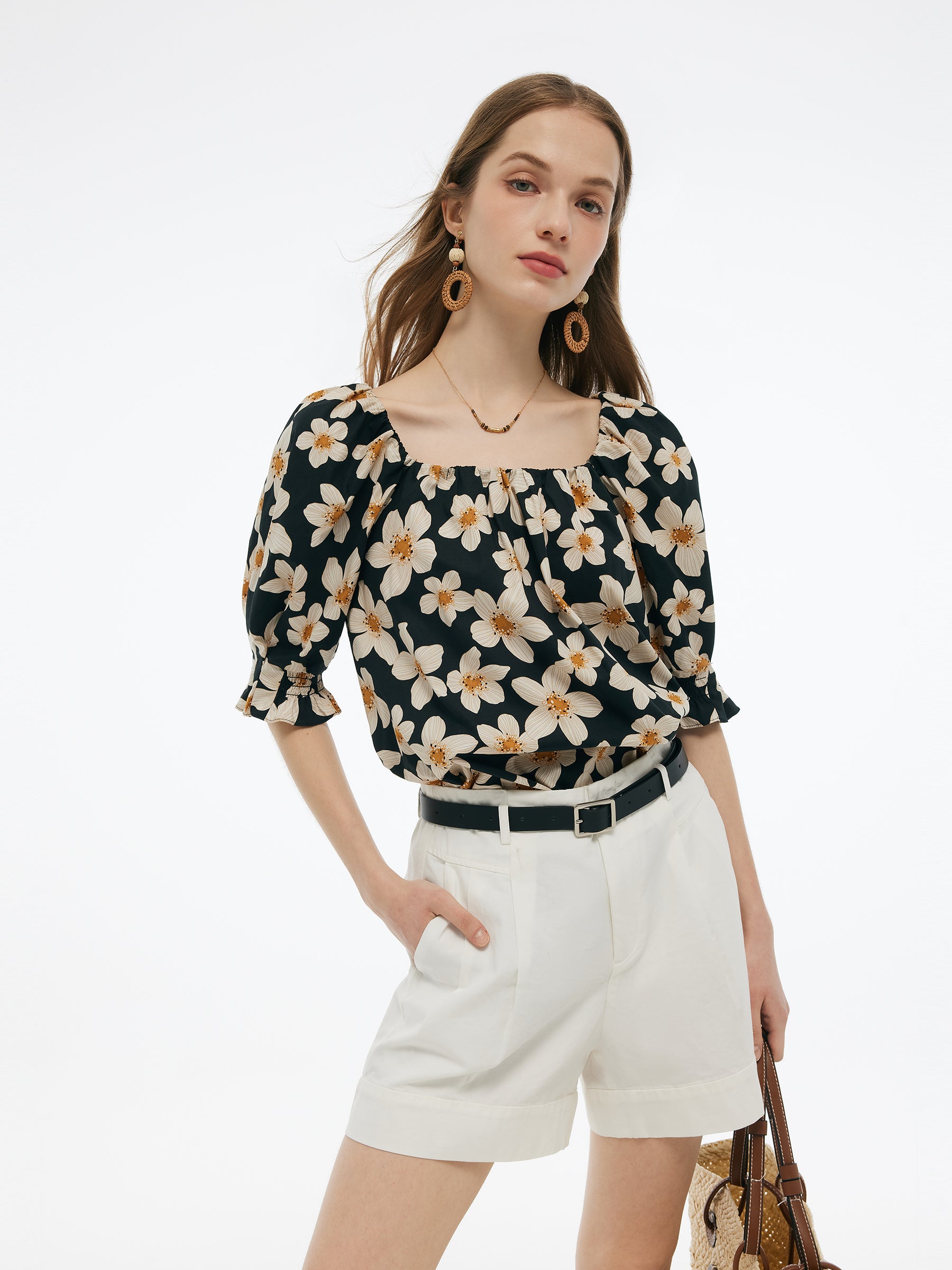 Cotton Floral Print Convertible Neckline Women Tunic Top GOELIA