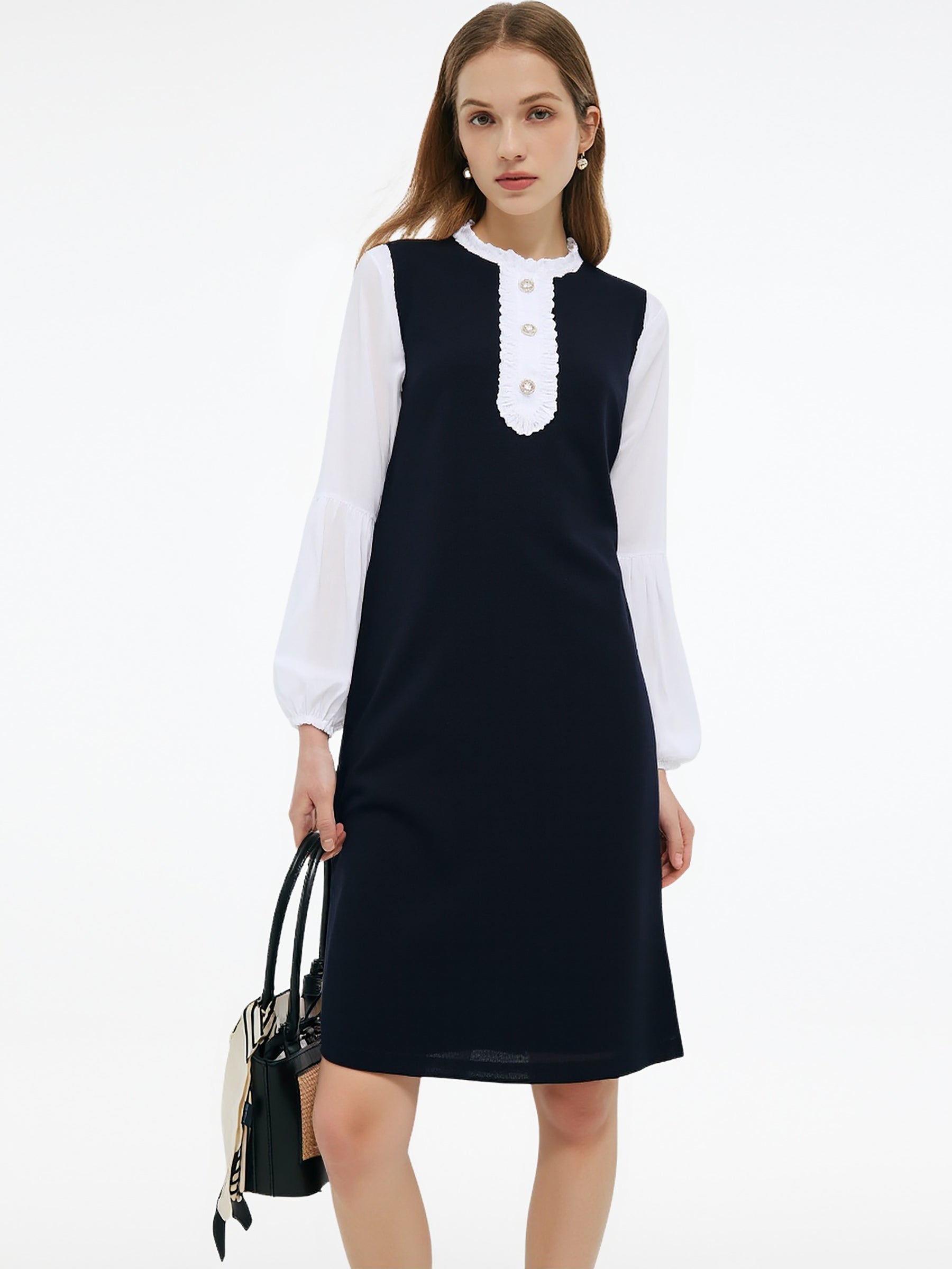 Patchwork Ruffle Collar Pleated Sleeve Women Mini Dress GOELIA