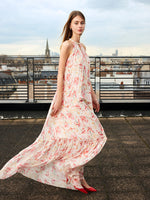 10 Momme Mulberry Silk Iris Printed Halter Ruffle Women Maxi Dress GOELIA