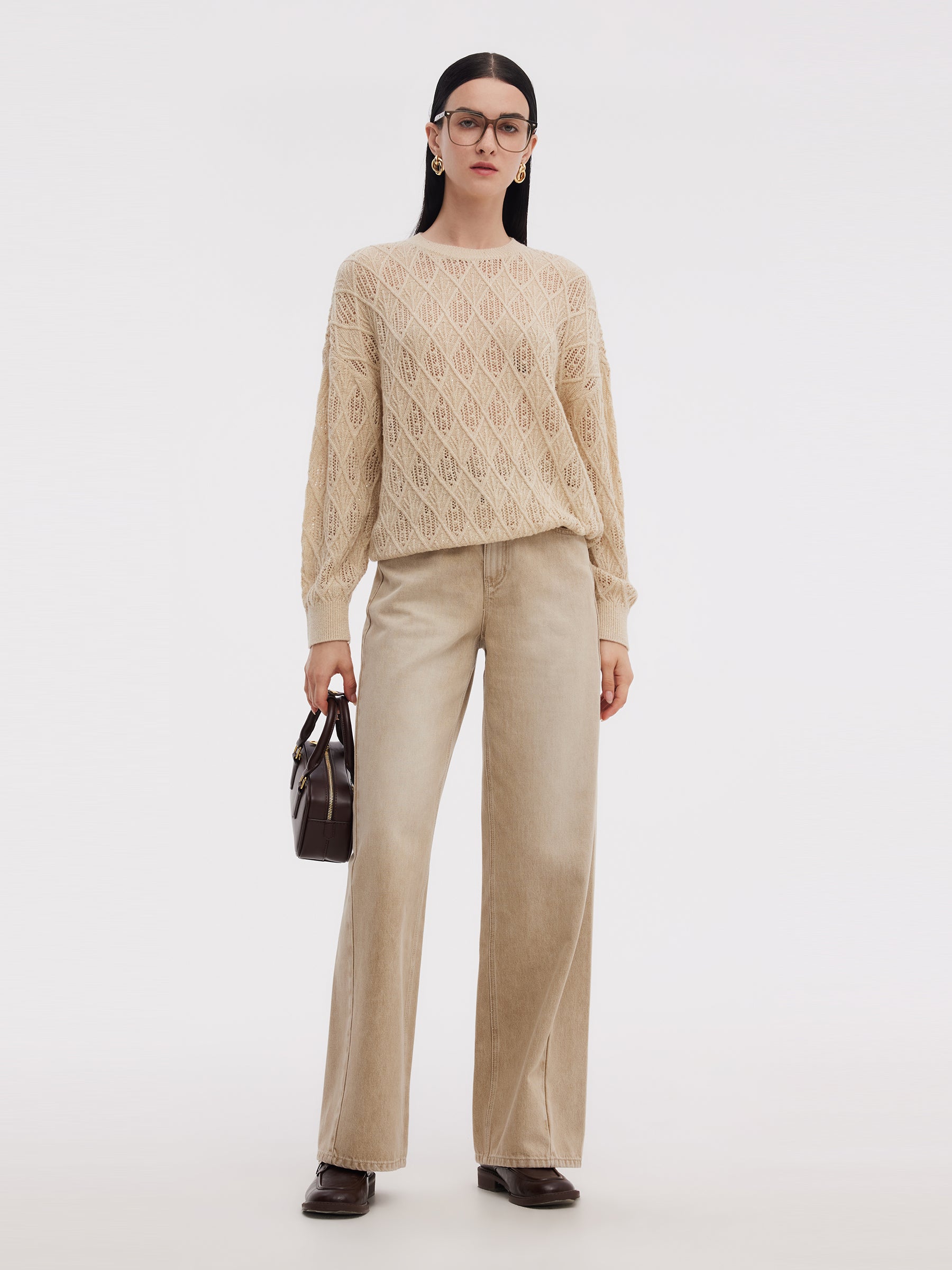 Wool Blend Sequins Women Openwork Sweater GOELIA