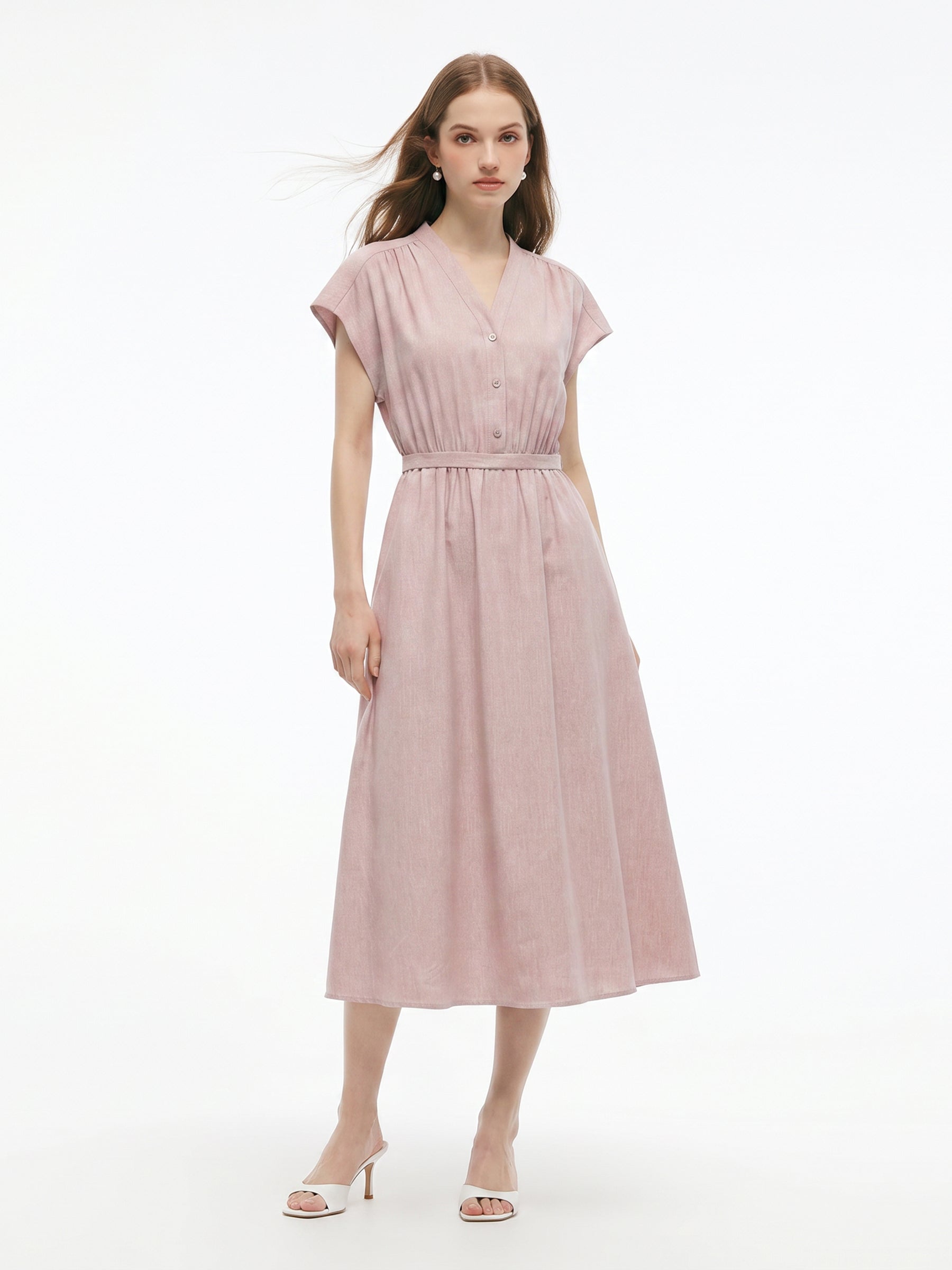 Tencel Linen Blend Cap Sleeve Women Maxi Dress GOELIA