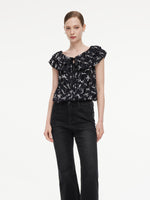 [Preview] Ribbon Print Tie Front Women Ruffle Blouse GOELIA