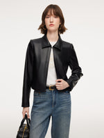 PU Leather Embroidered Trim Women Cropped Jacket GOELIA