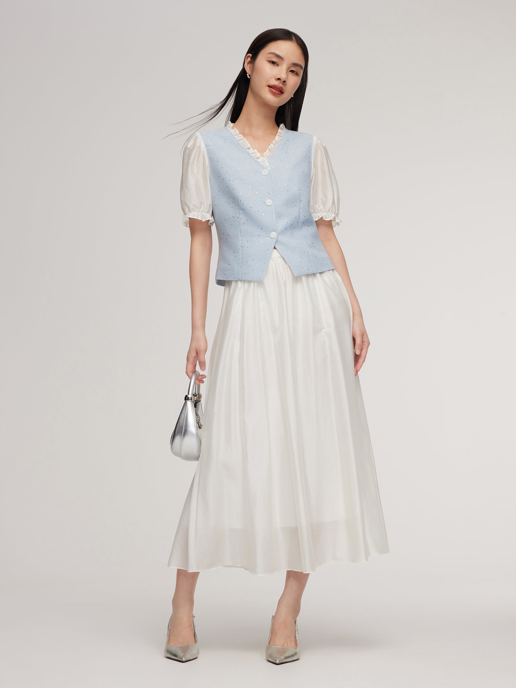 Tweed Sequins Patchwork Crop Jacket And Lyocell Blend Skirt Two-Piece Set GOELIA