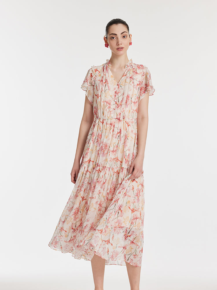 10 Momme Mulberry Silk Iris Printed V-Neck Ruffle Sleeves Women Maxi Dress GOELIA