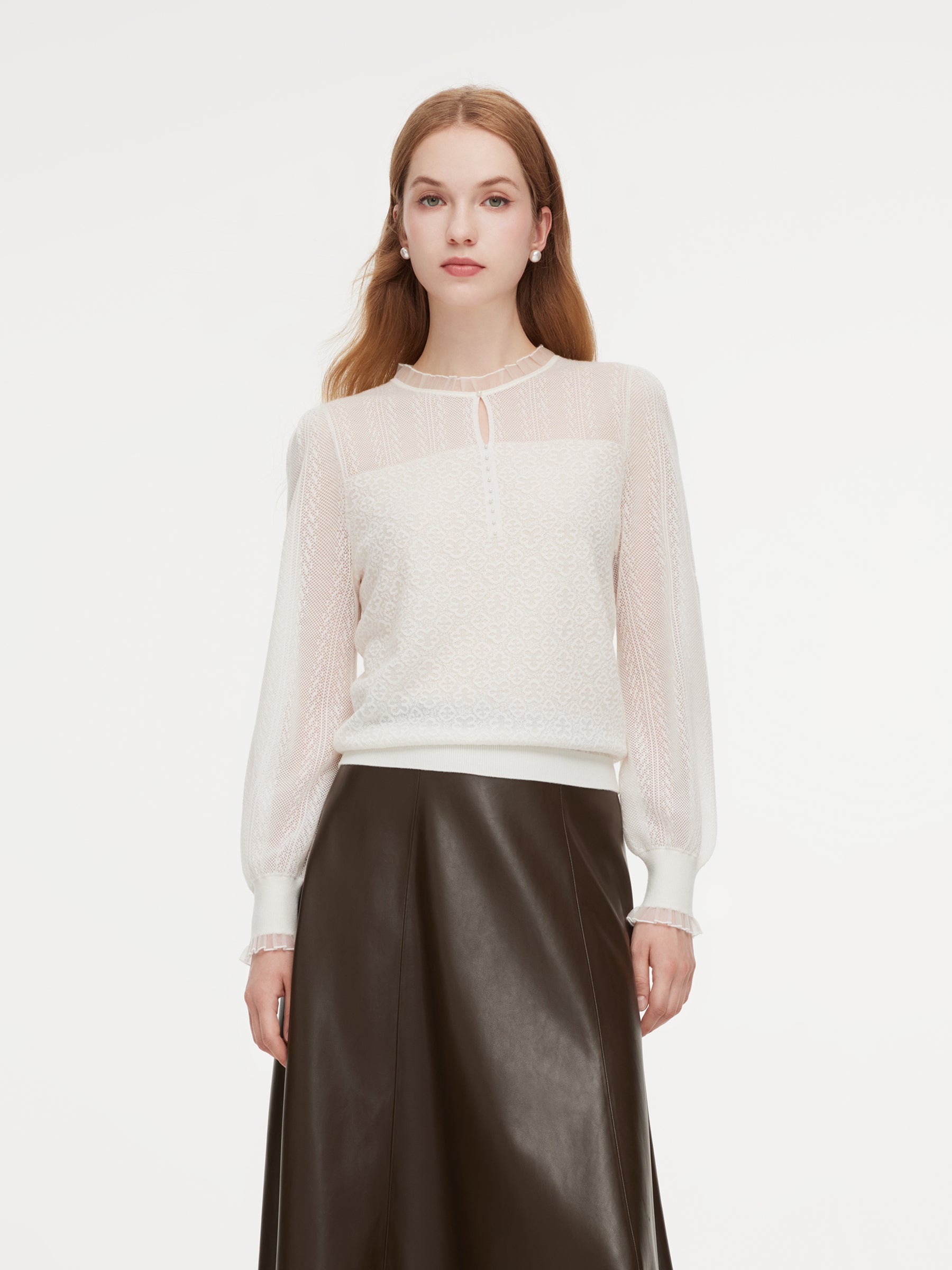 Jacquard Ruffle Neck Women Knit Top GOELIA