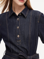 100% Cotton Denim Women A-Line Mini Shirt Dress With Self-Tie Belt GOELIA