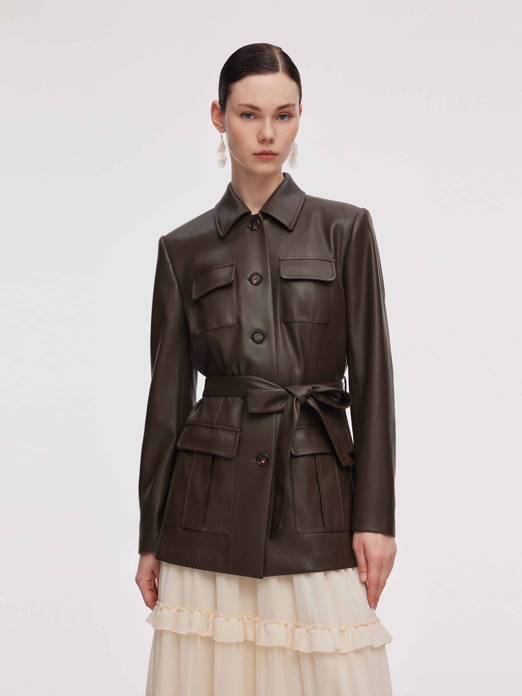PU Leather Women Self-Tie Belt Jacket GOELIA