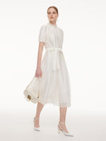 Tencel Blend Ruffle Neck Puff Sleeves Women Belted Maxi Dress GOELIA