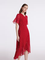 10 Momme Mulberry Silk Polka Dots Printed Wrapped Ruffle Women Midi Dress GOELIA