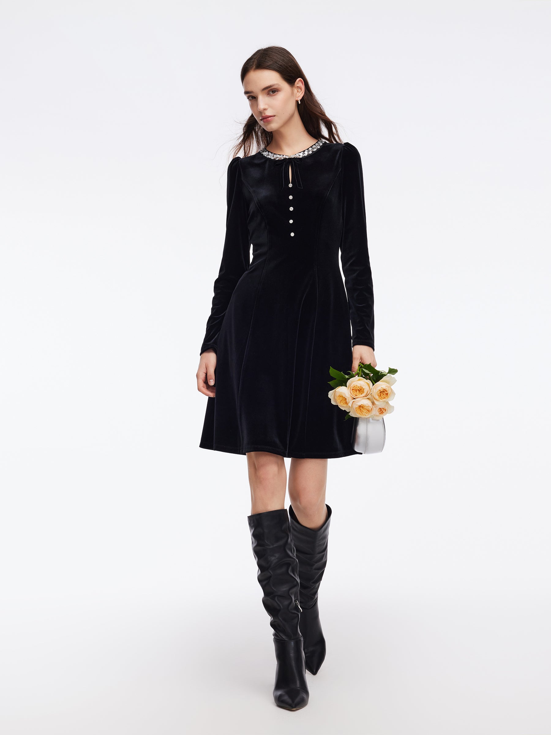 Velvet Sequined Round Neck Women Mini Dress GOELIA