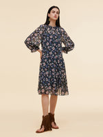 10MM Mulberry Silk Floral Print Women Ruffle Collar Midi Dress GOELIA