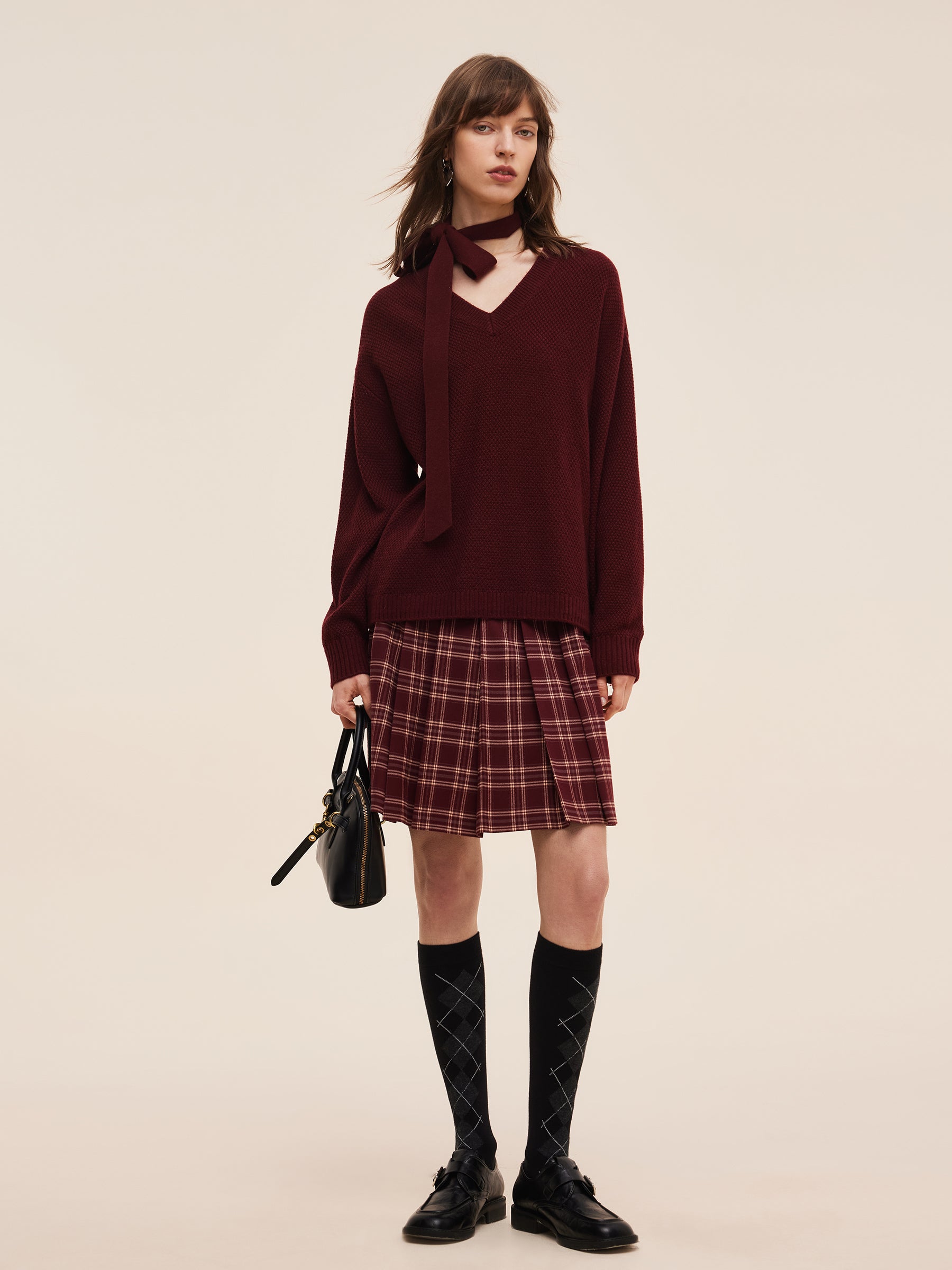 Wool Blend Women V-Neck Knit Top With Ribbon GOELIA