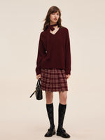 Wool Blend Women V-Neck Knit Top With Ribbon GOELIA