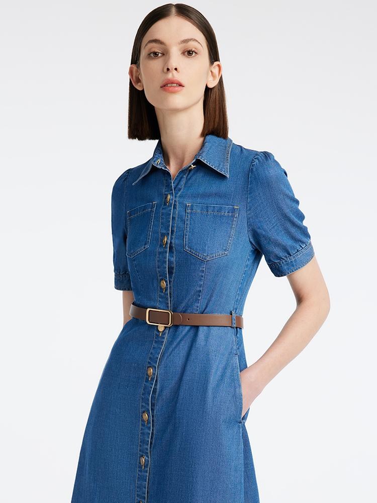 Tencel Denim Shirt Midi Collared Dress With Belt – GOELIA