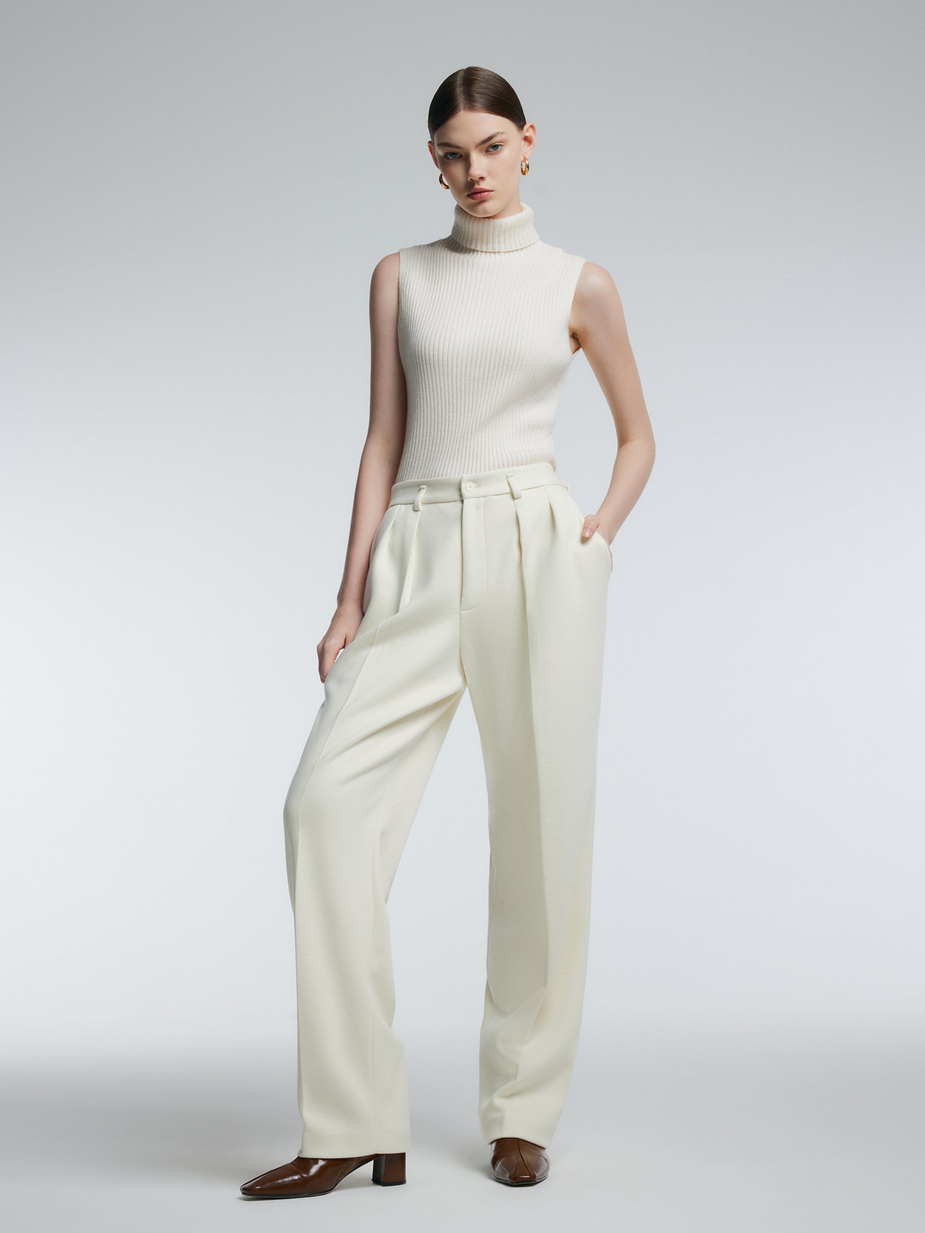 100% Wool Ribbed Women Turtleneck Tank Top GOELIA